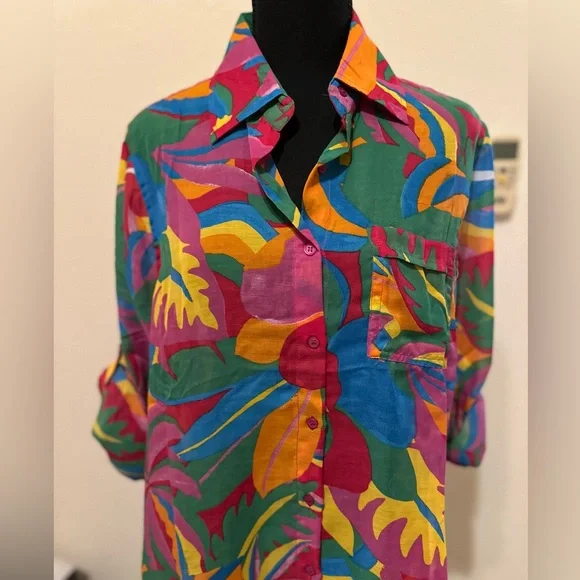 Violet Sky Vintage 80s 90s‎ super bright tropical floral blouse. Size L. NWT - Picture 2 of 12